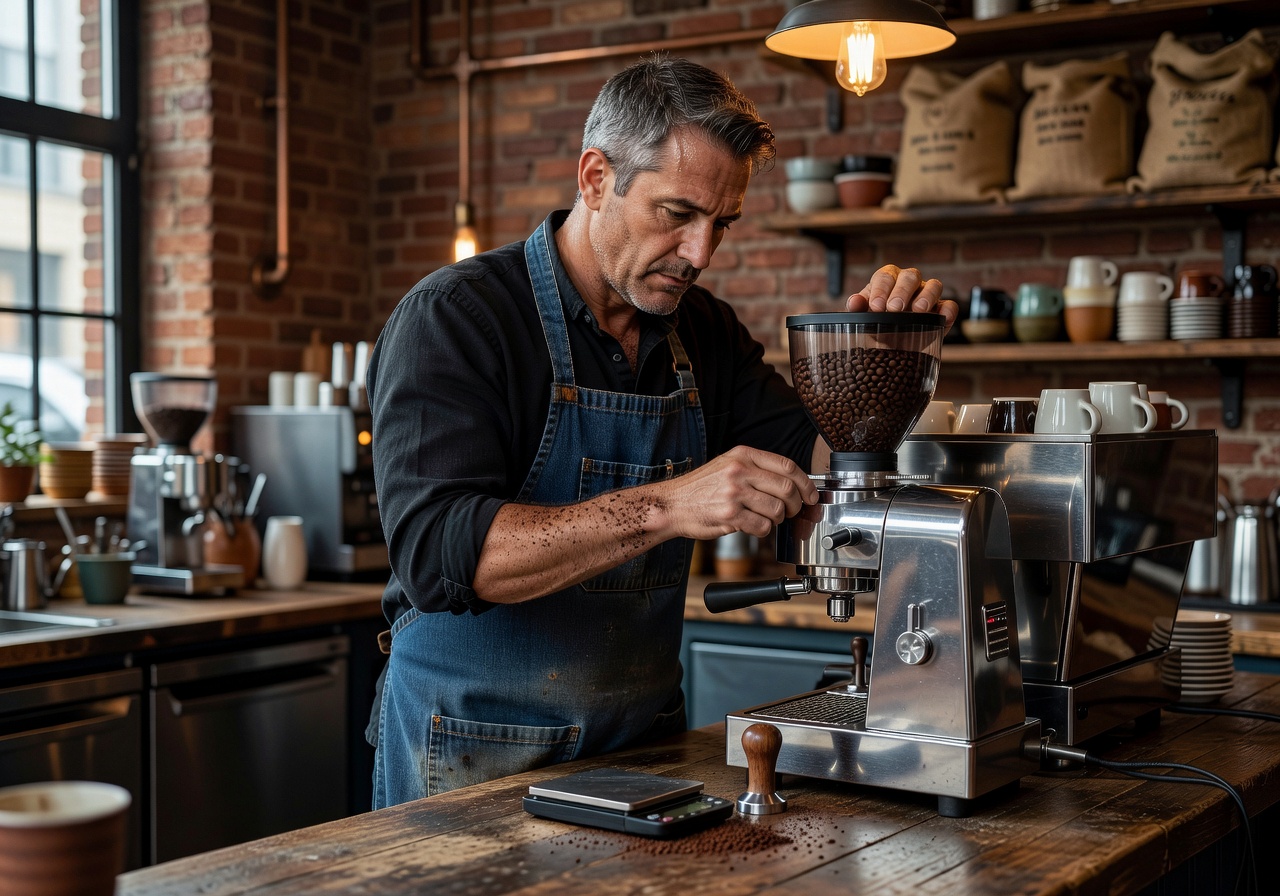 Barista at Velour calibrating an espresso grinder with focused attention to detail