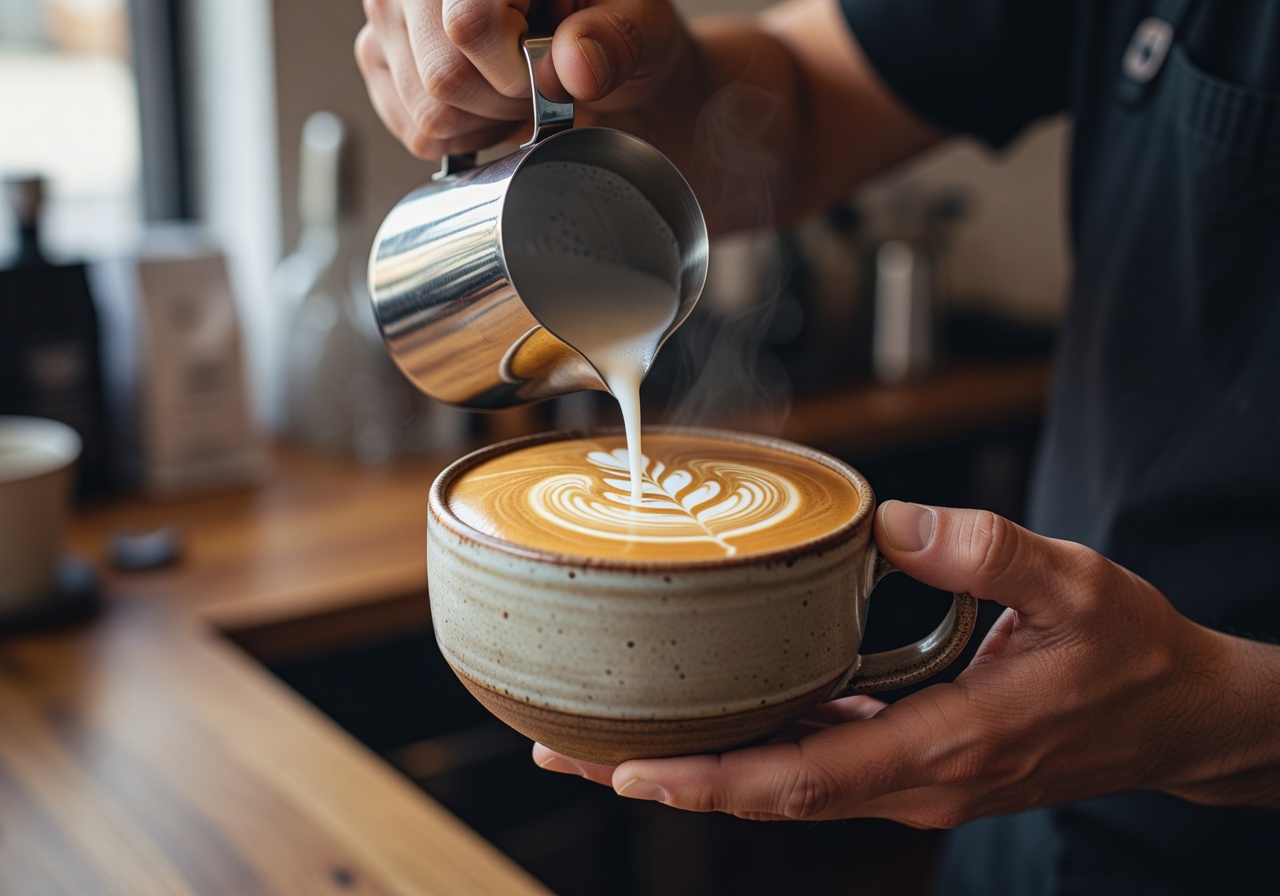 Close-up of barista hands at Velour Coffee pouring latte art into a wide ceramic mug