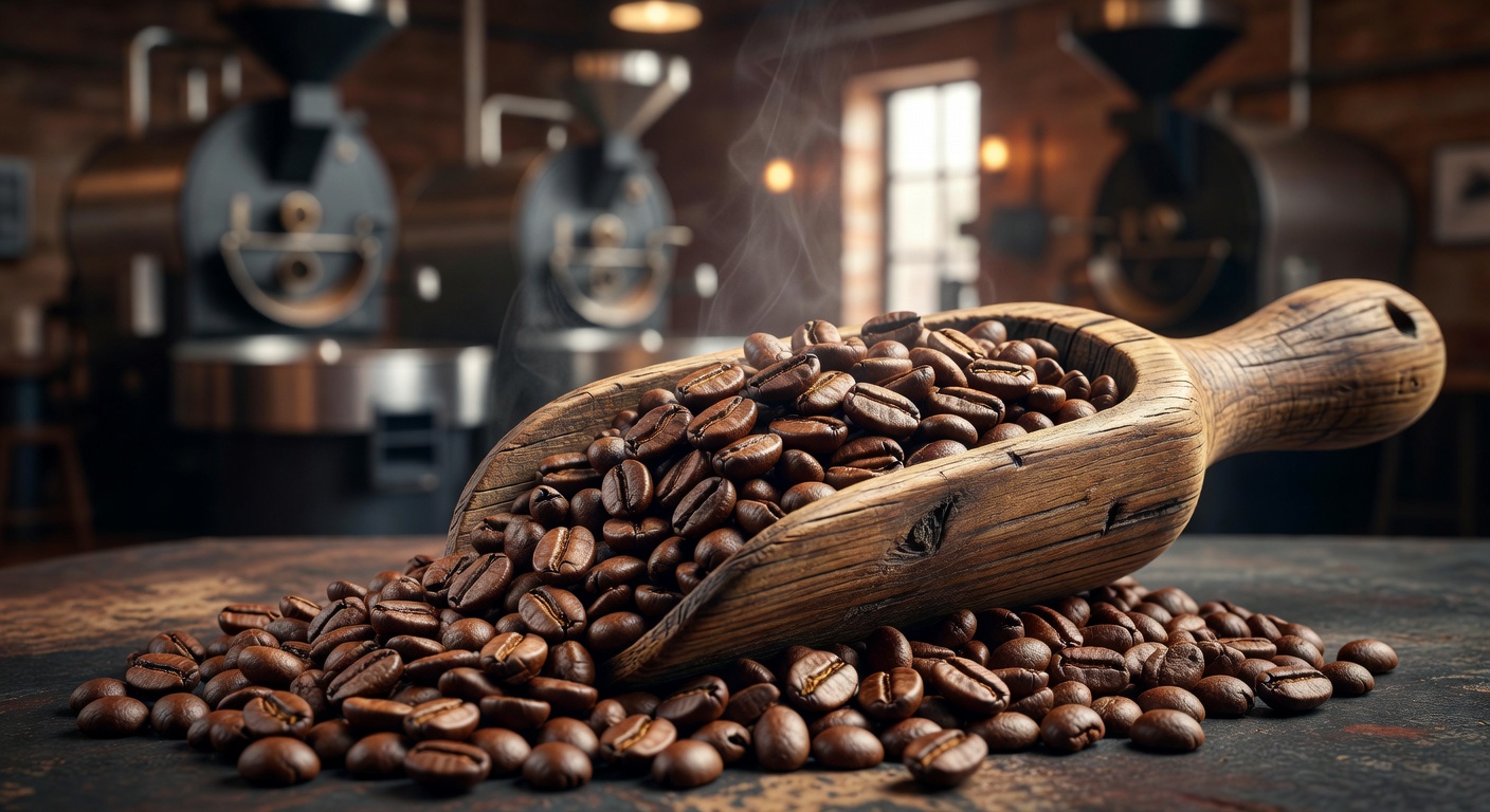 Close-up of freshly roasted coffee beans in a wooden scoop at Velour roastery