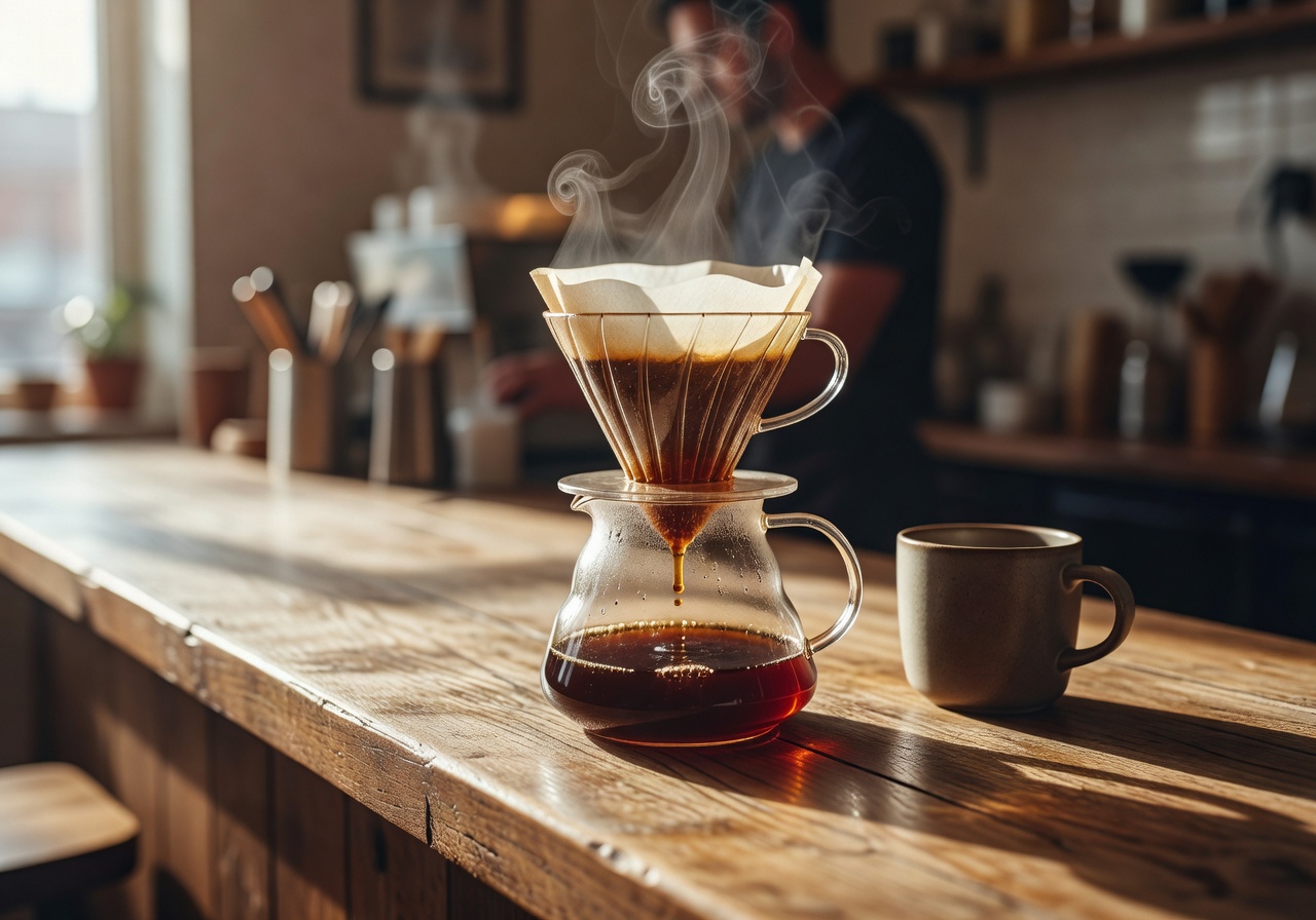Freshly brewed pour-over coffee with steam rising over a warm wooden café counter