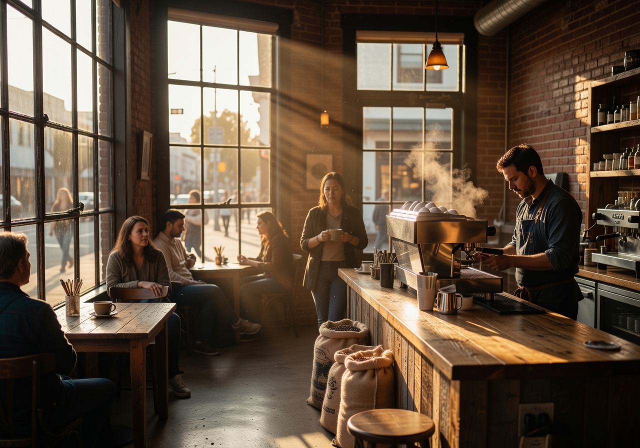 Golden morning light through the windows of the Velour Coffee Roasters café on Valencia Street