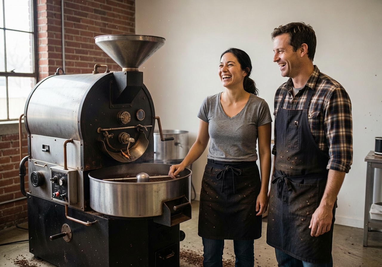 Maya and Daniel, founders of Velour Coffee Roasters, laughing together beside the original drum roaster in 2014