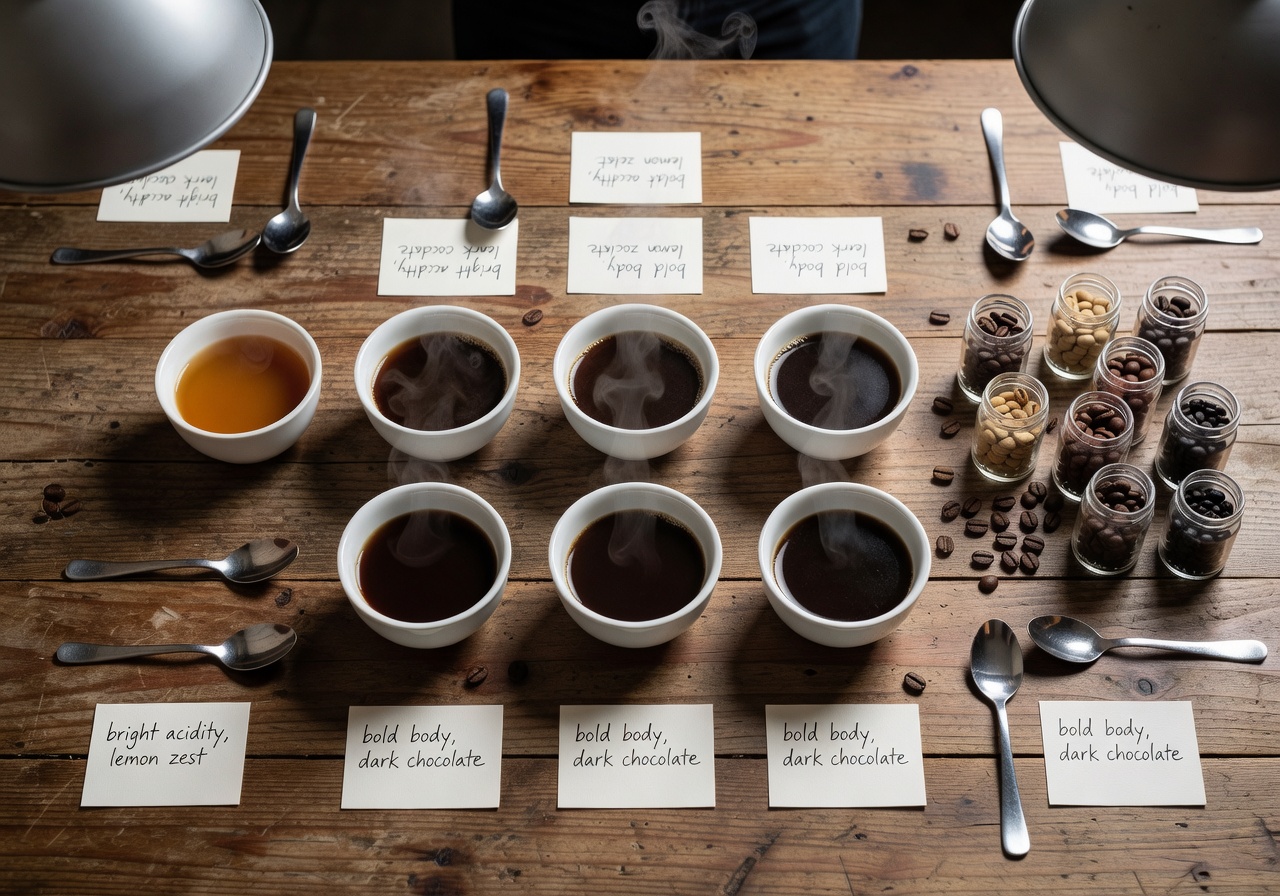 Overhead shot of coffee tasting flight with cupping bowls and tasting notes at Velour roastery cupping session