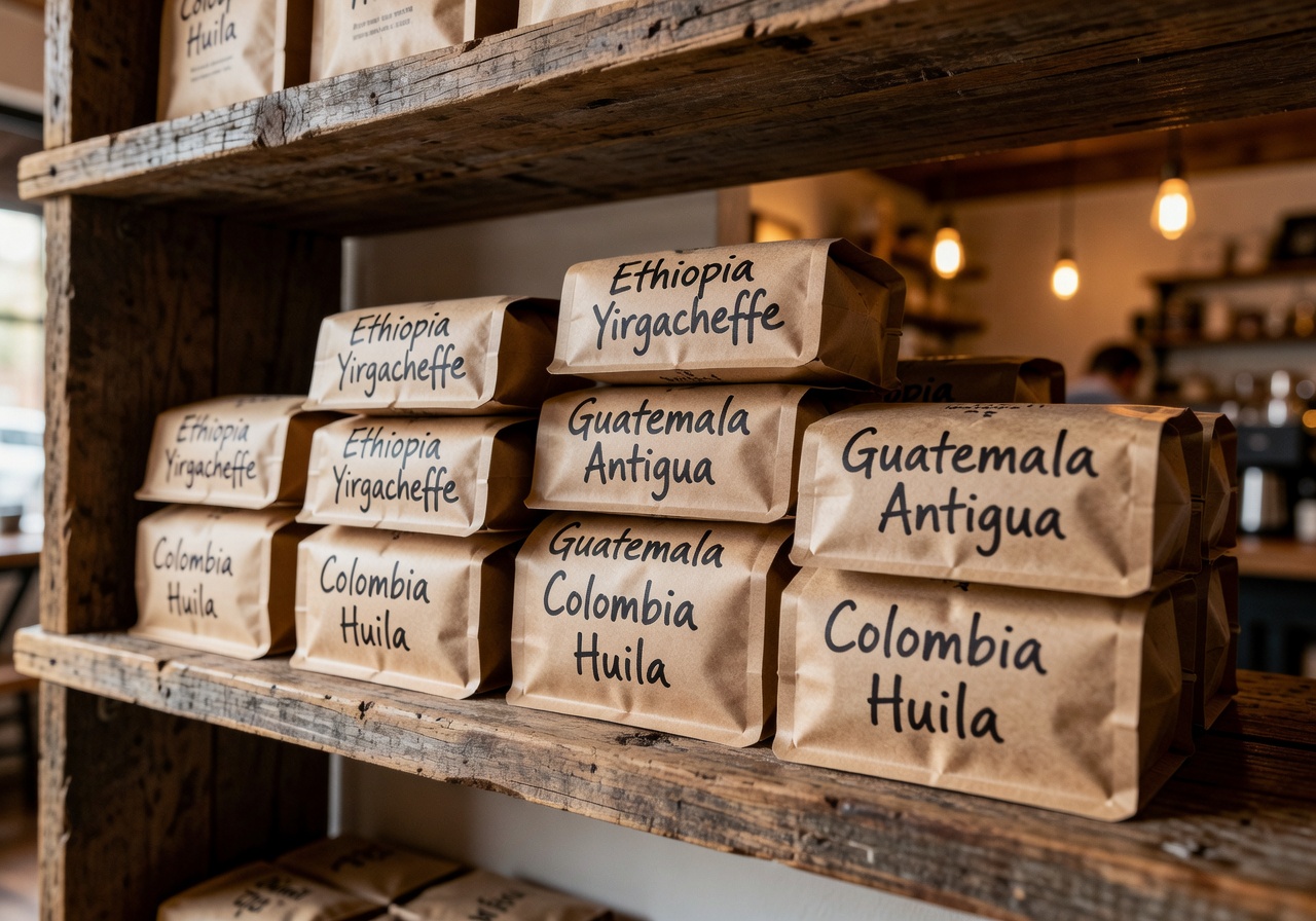 Stack of specialty coffee bags with handwritten origin labels on a rustic wooden shelf at Velour