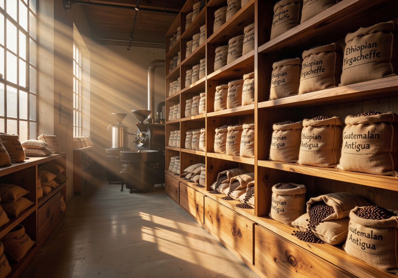 Velour Coffee Roasters interior with warm wooden shelving, burlap coffee sacks, and morning light streaming through tall windows