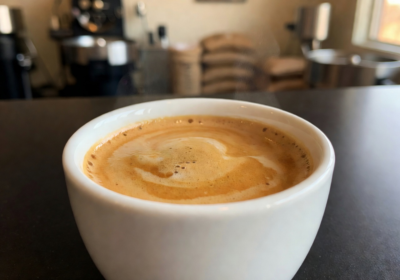 Velour Coffee Roasters seasonal espresso blend with rich crema in a white ceramic espresso cup