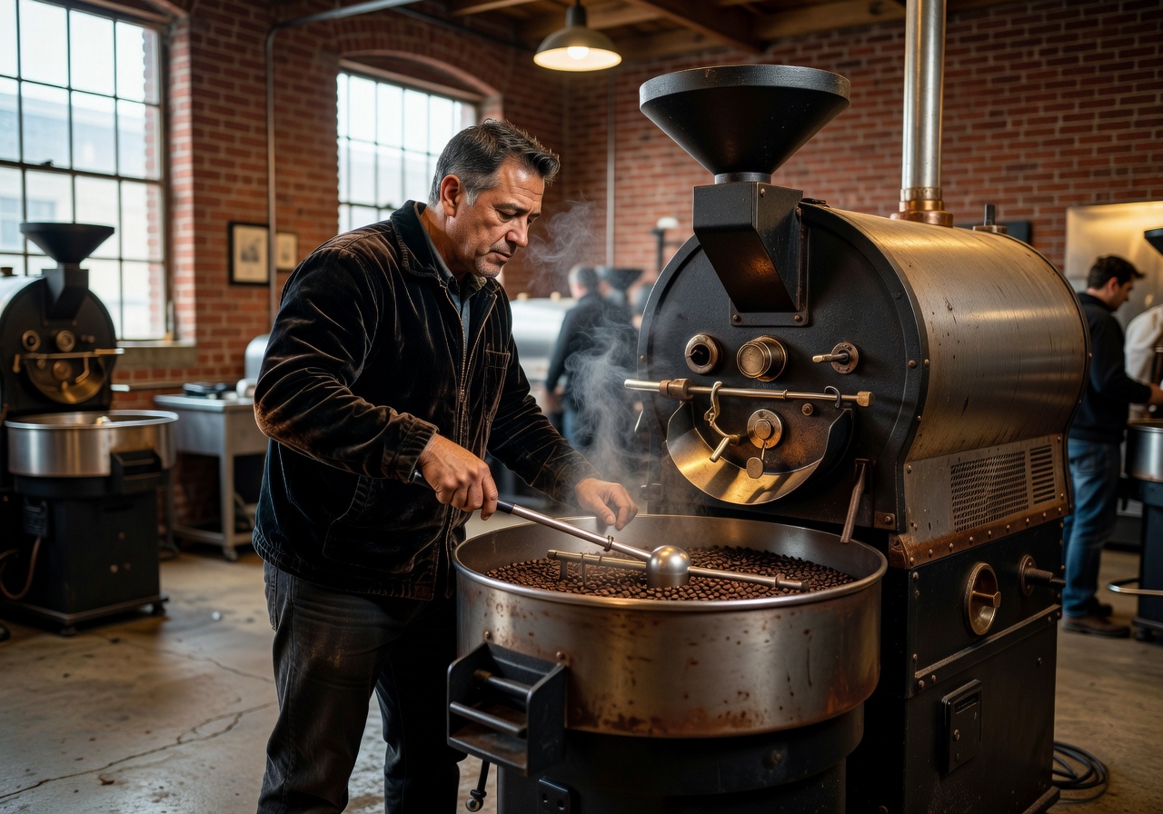 Velour roaster carefully monitoring a small-batch drum roast inside the San Francisco roastery
