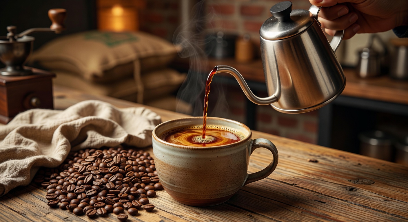 Warm overhead view of artisan coffee being poured into a ceramic mug at Velour Coffee Roasters